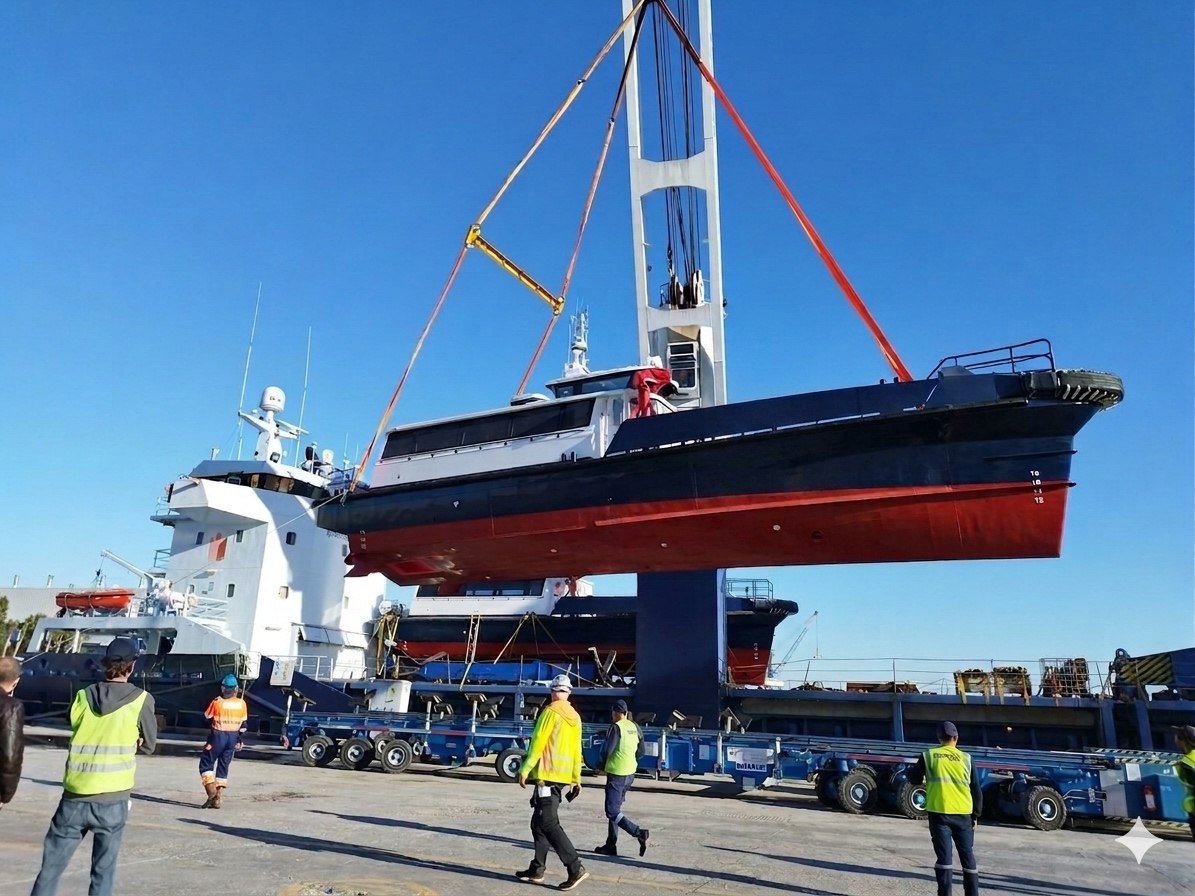 Crew boat levé par la grue d'un cargo à quai