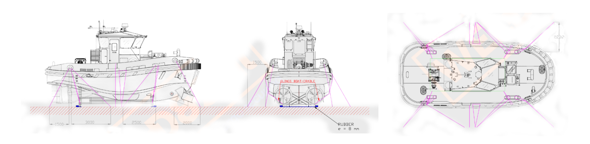 Plan de levage et de calage d'un bateau de travail, trois vues avec angles d'élingues